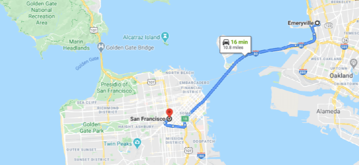 Location of Emeryville station to San Francisco