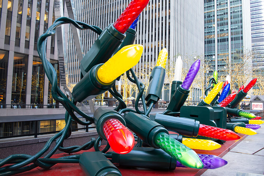 Huge Christmas lights ornaments on display down the streets of New York